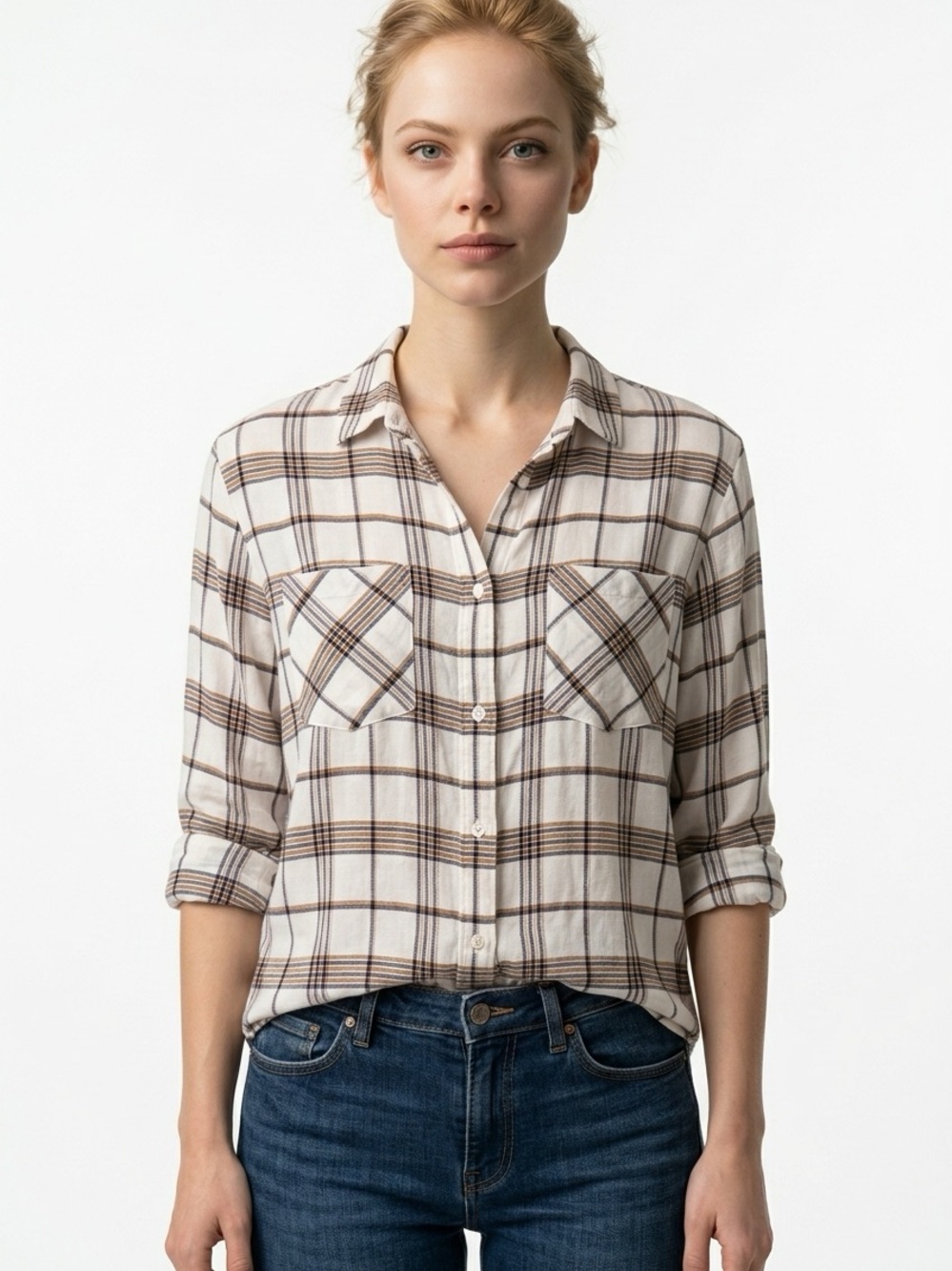 MAJE | Neutral Cream Plaid Button-Up Long Sleeve Shirt Women’s Size Medium